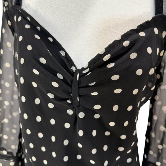 Vintage Black & White Polka Dot Midi Dress | Sheer Long Sleeve Retro Cocktail - Picture 4 of 7